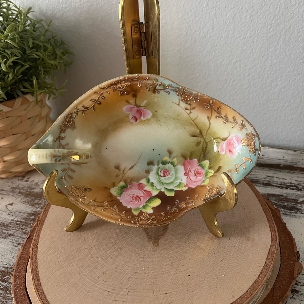 Limoges Gold Encrusted Trinket Jewelry Dish Hand Painted Roses Antique Marked